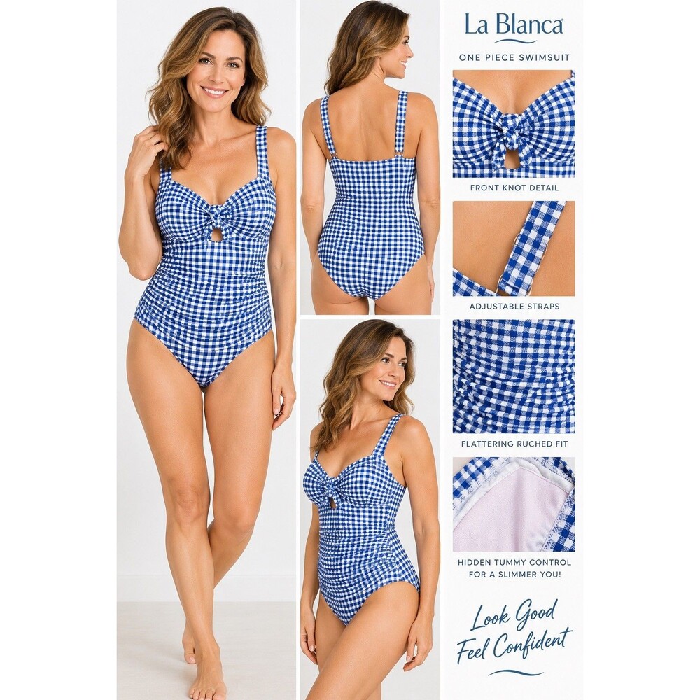 Sol Borne Women’s XL One Piece Swimsuit Blue White Gingham Tummy Control NWT